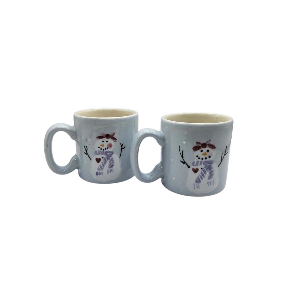 Set Of 2 Hartstone Pottery Blue Snowman Miniature Childs Kids Sized Ceramic Mugs